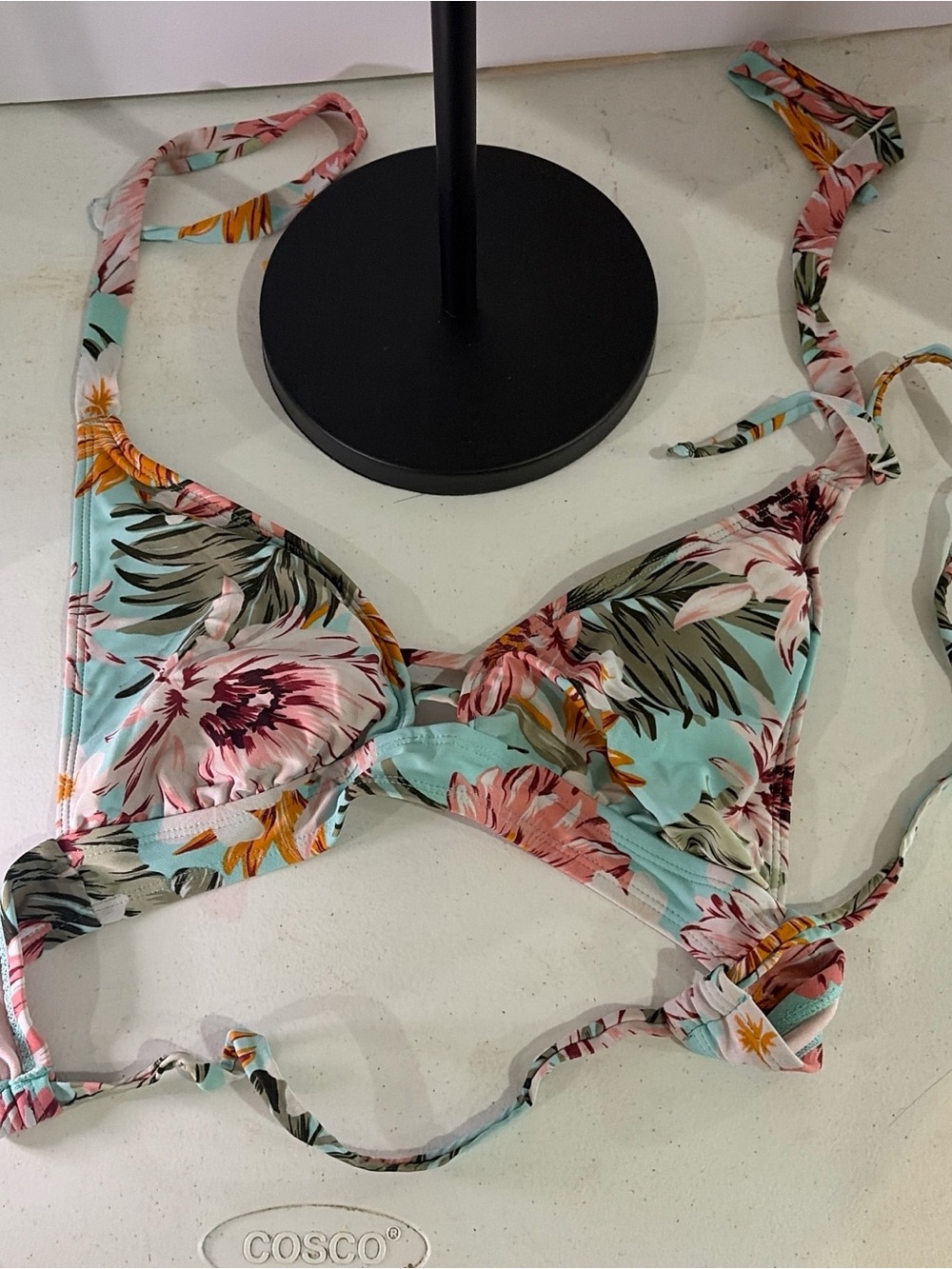 Floral Tie-Back Bikini Top in Aqua and Pink
